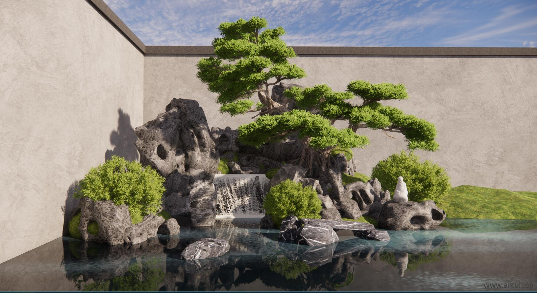 新中式假山水景 庭院小品 石头假山 松树景墙庭院小品 枯山石禅意景观 灌木绿植