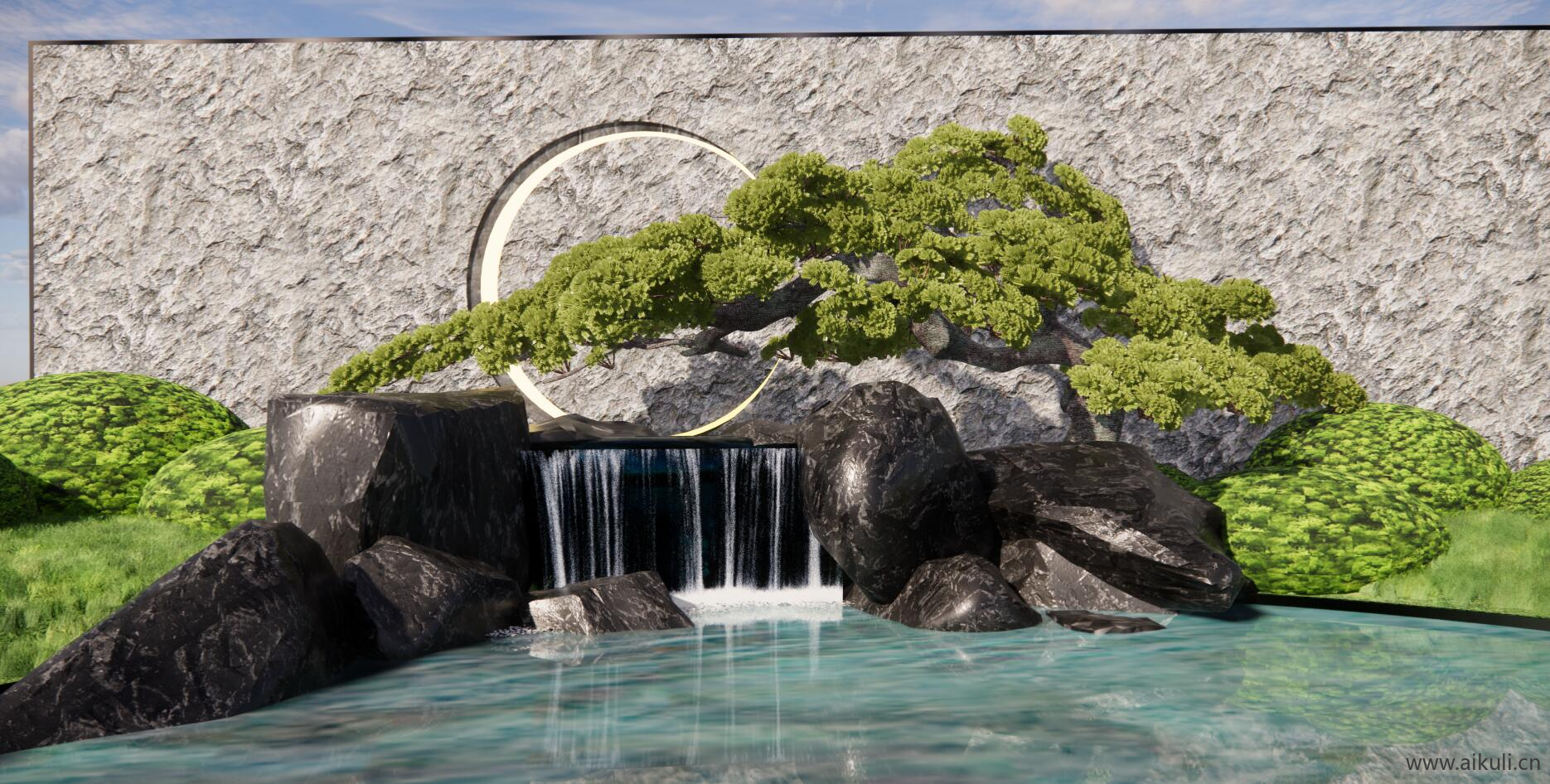 新中式假山水景 跌水景观 叠水 石头 松树 庭院景观小品 (2)
