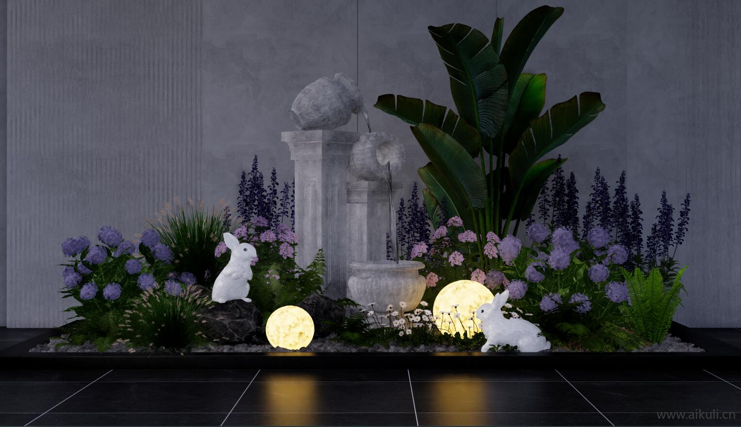 现代植物堆景观 庭院景观小品 花境植物花团 蕨类植物 流水小品 兔子雕塑小品 花草 花卉