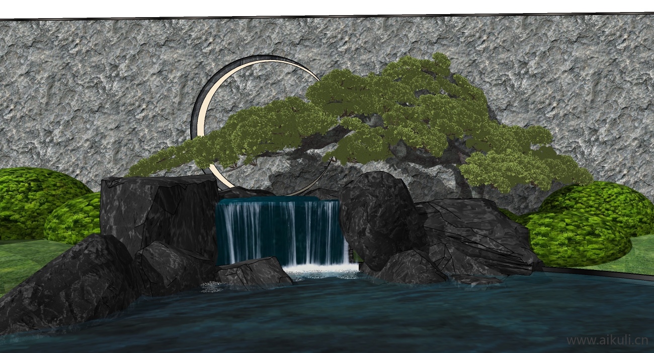 新中式假山水景 跌水景观 叠水 石头 松树 庭院景观小品 (2)