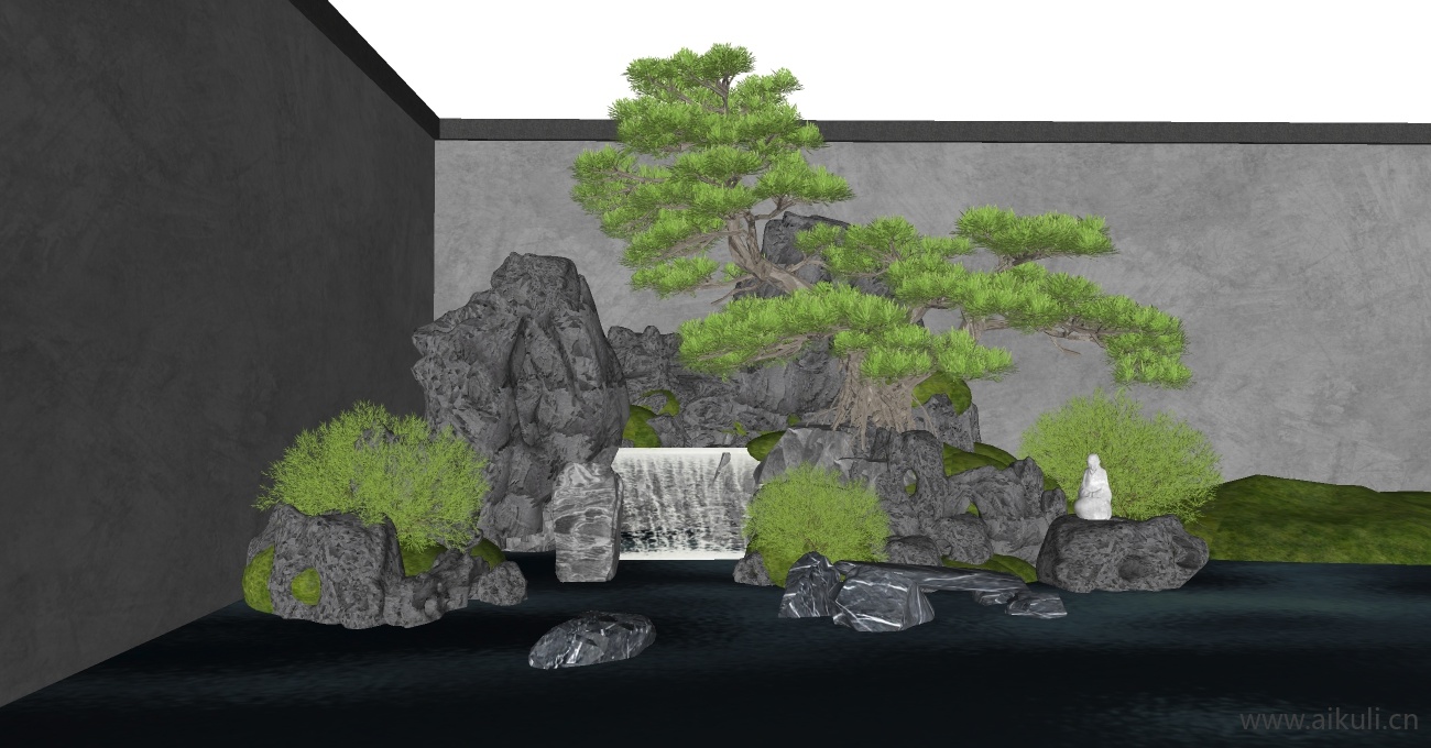 新中式假山水景 庭院小品 石头假山 松树景墙庭院小品 枯山石禅意景观 灌木绿植