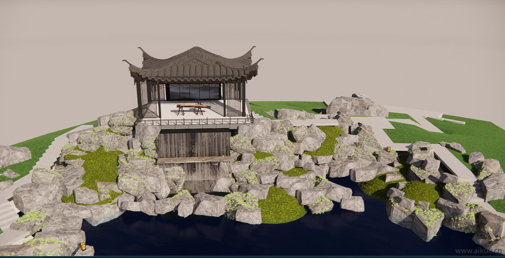 新中式假山水景 跌水景观 叠水 石头 松树 庭院景观小品 (4)