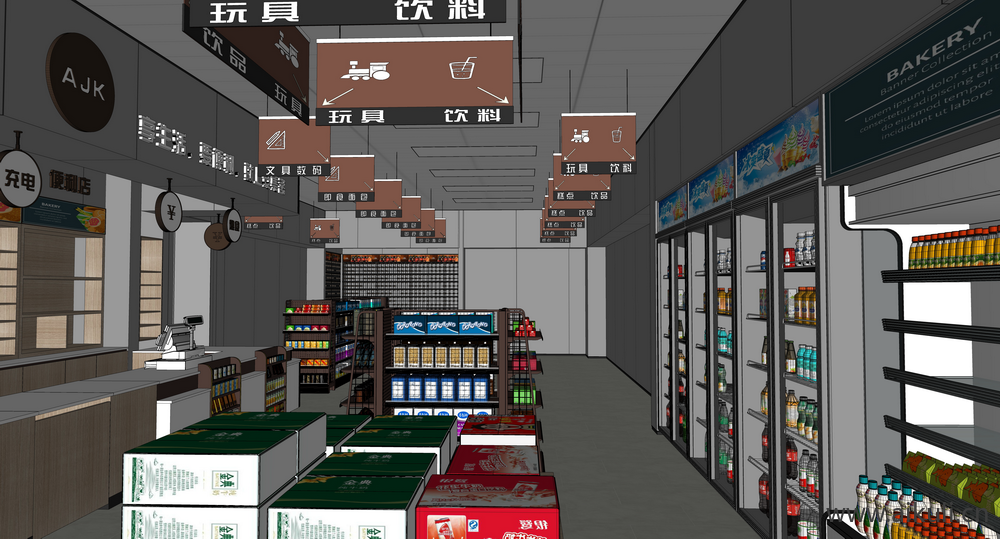 现代便利店_超市_零食店展柜_收银台_冰柜_烟酒柜SU模型