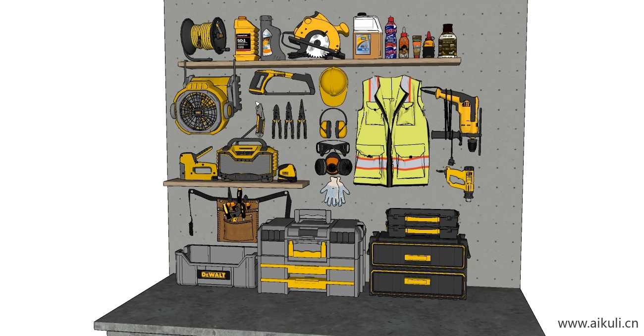 现代工具墙 电锯 防护眼镜防毒面具 五金工具电锤 工具间 工具柜
