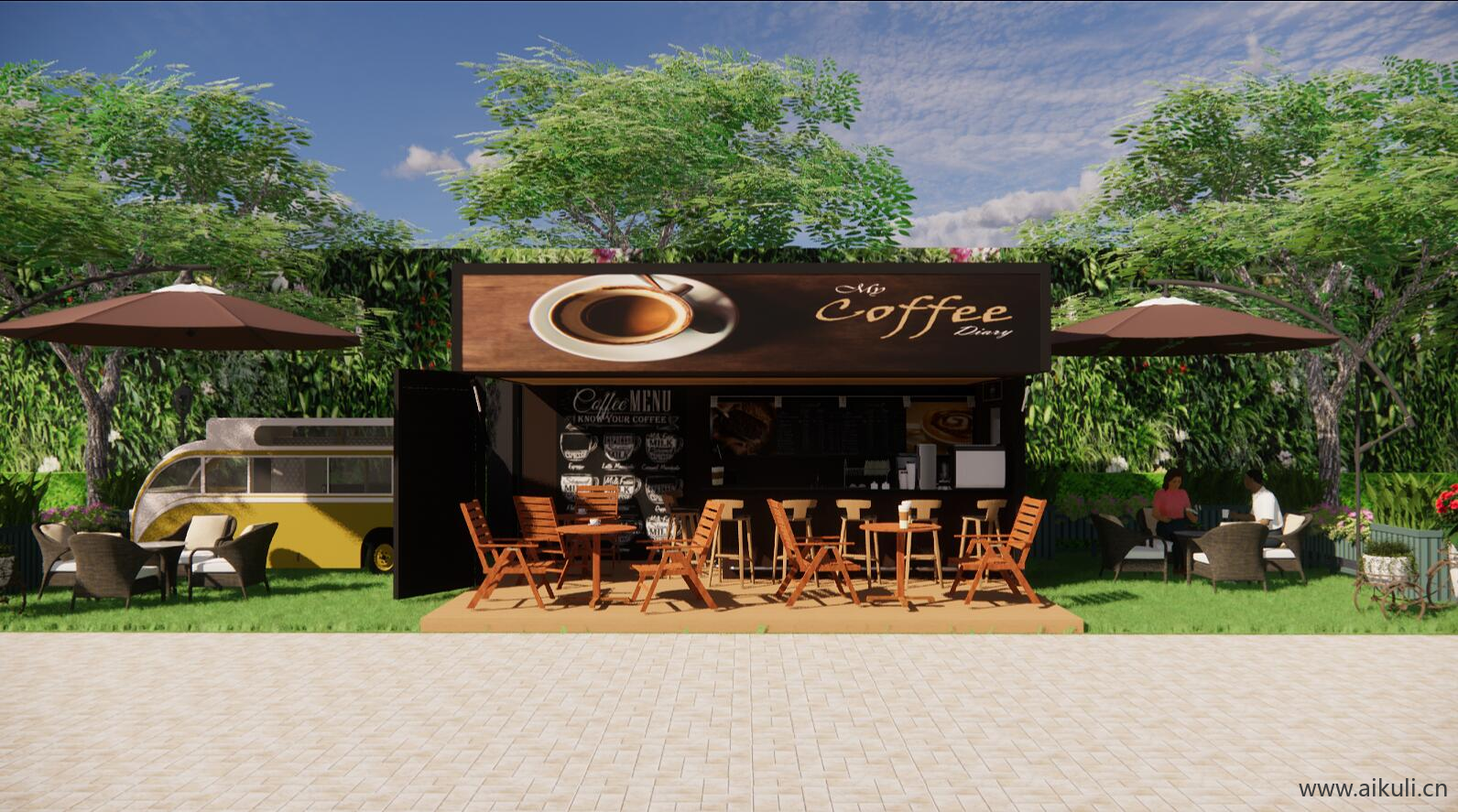 集装箱改造LOFT工业风咖啡厅咖啡馆水吧奶茶店SU模型