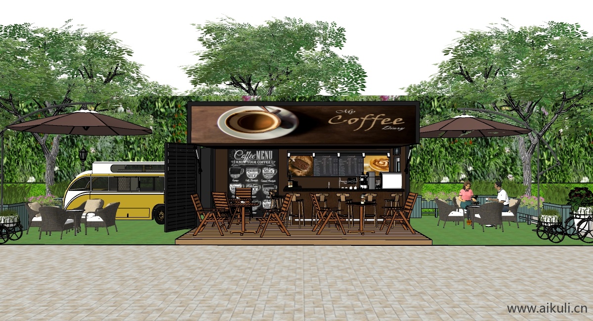 集装箱改造LOFT工业风咖啡厅咖啡馆水吧奶茶店SU模型