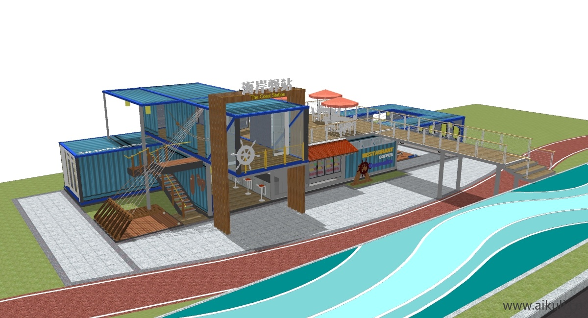 集装箱改造LOFT工业风咖啡厅咖啡馆水吧奶茶店书吧草图大师SU模型 (9)