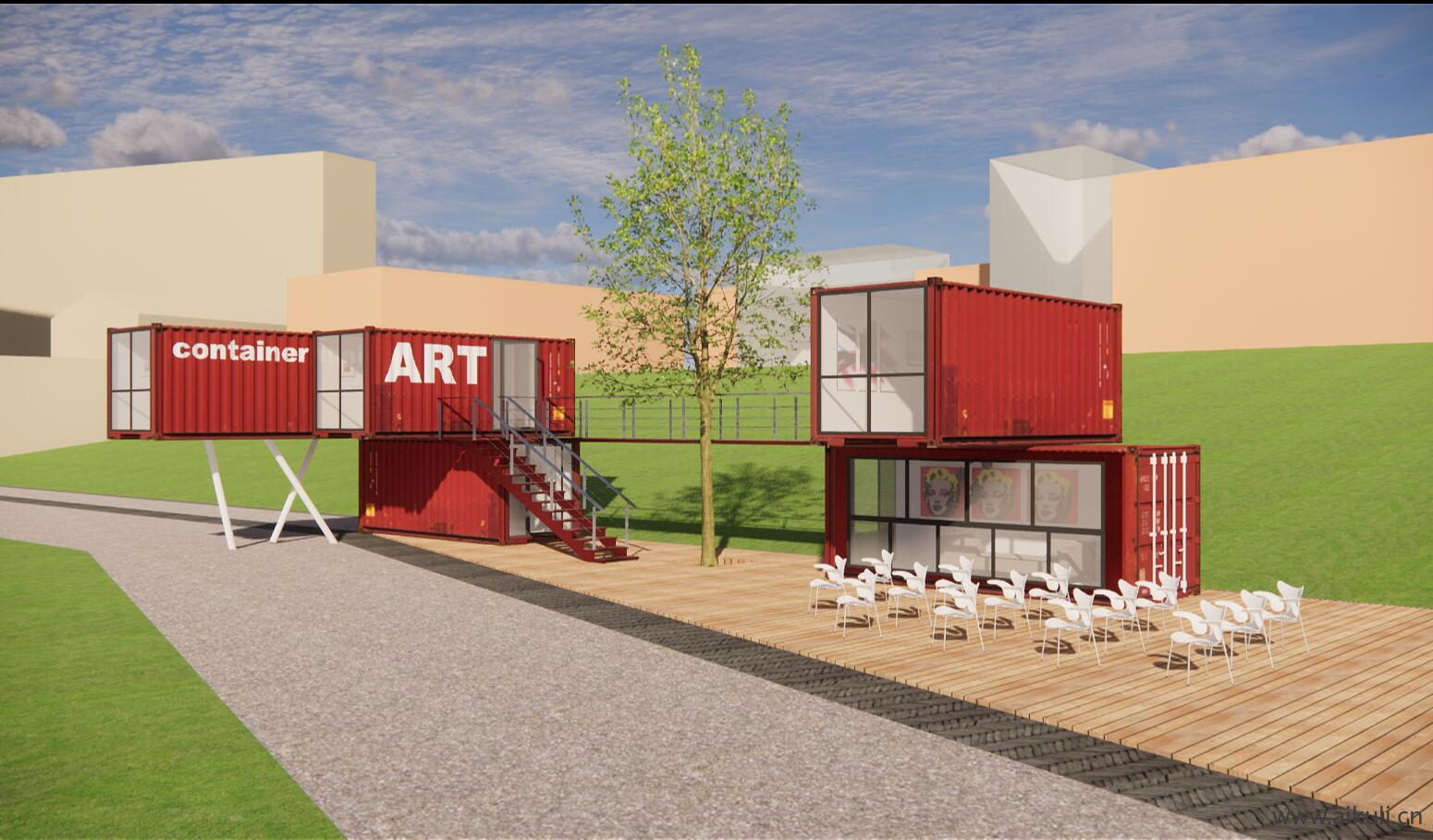 集装箱改造LOFT工业风咖啡厅咖啡馆水吧奶茶店书吧草图大师SU模型 (5)