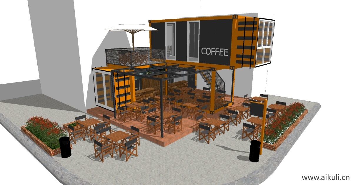 集装箱改造LOFT工业风咖啡厅咖啡馆水吧奶茶店书吧草图大师SU模型 (8)