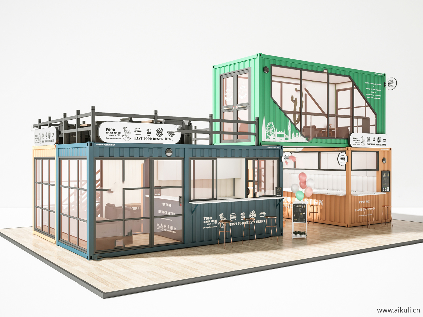 集装箱改造工业风咖啡馆水吧奶茶店SU模型BF