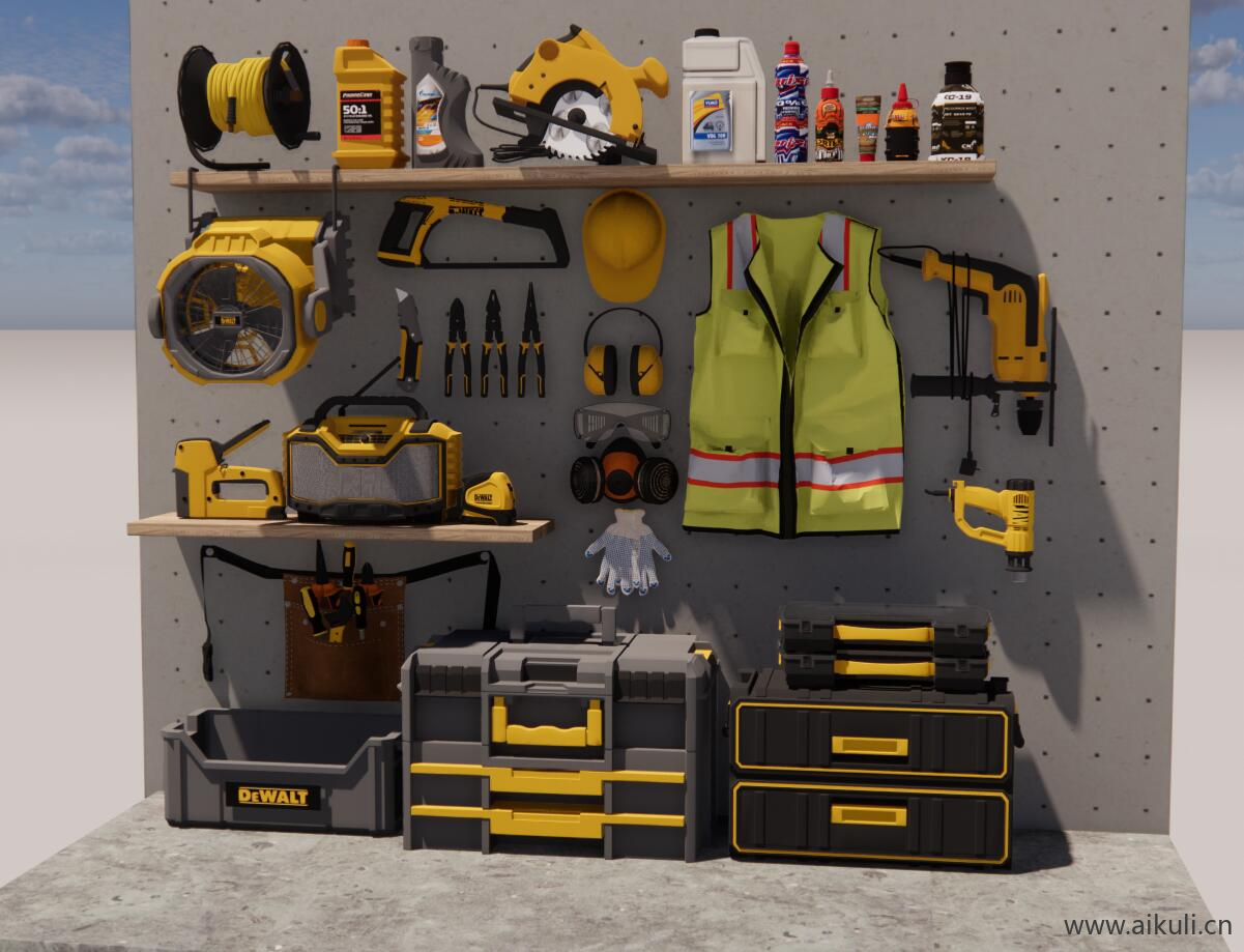 现代工具墙 电锯 防护眼镜防毒面具 五金工具电锤 工具间 工具柜