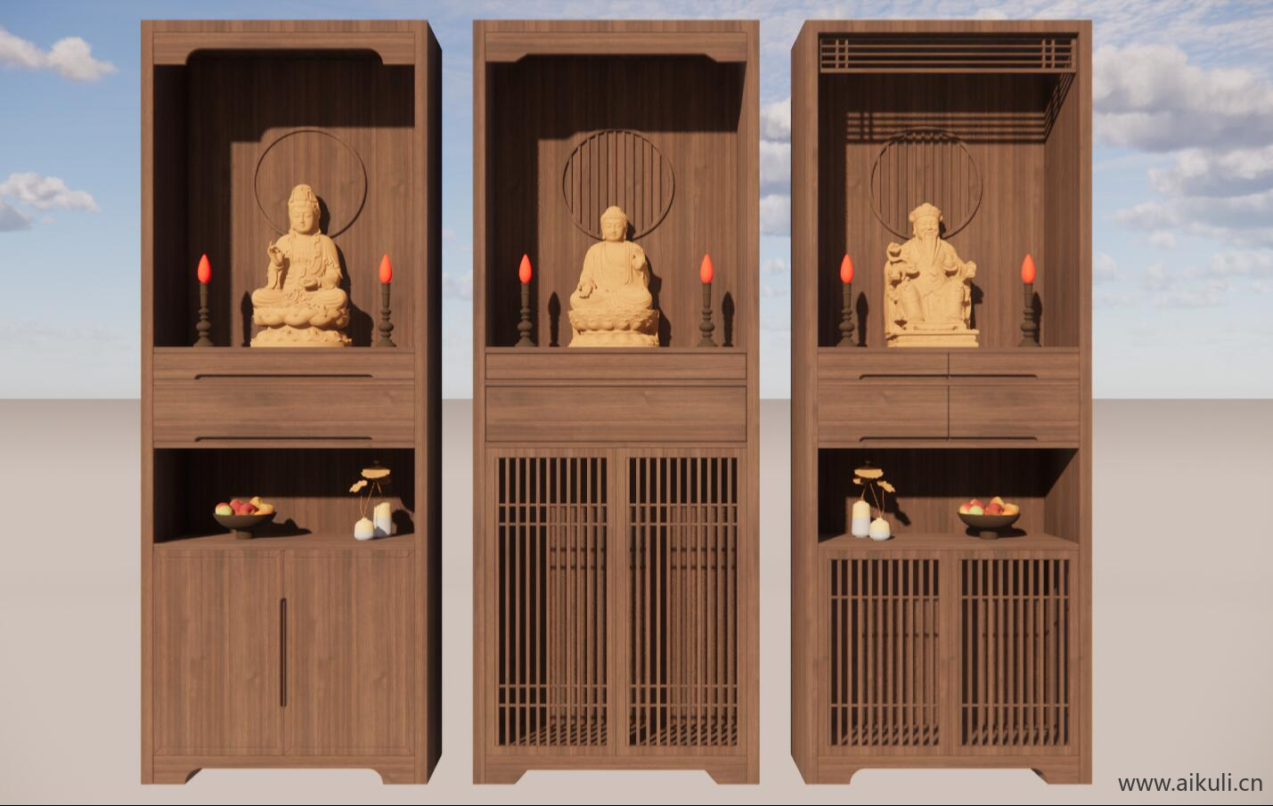 神龛佛堂中式佛像牌位祠堂宗庙香炉供奉台神柜SU模型 (3)