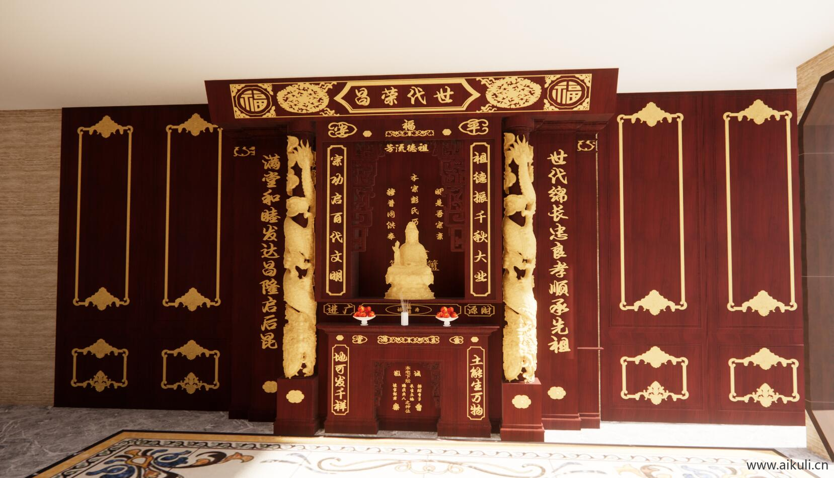 神龛佛堂中式佛像牌位祠堂宗庙香炉供奉台神柜SU模型 (1)