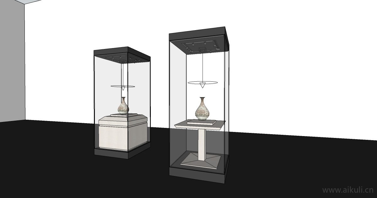 中式博物馆展览馆展厅玻璃陈列展示柜展台SU模型S