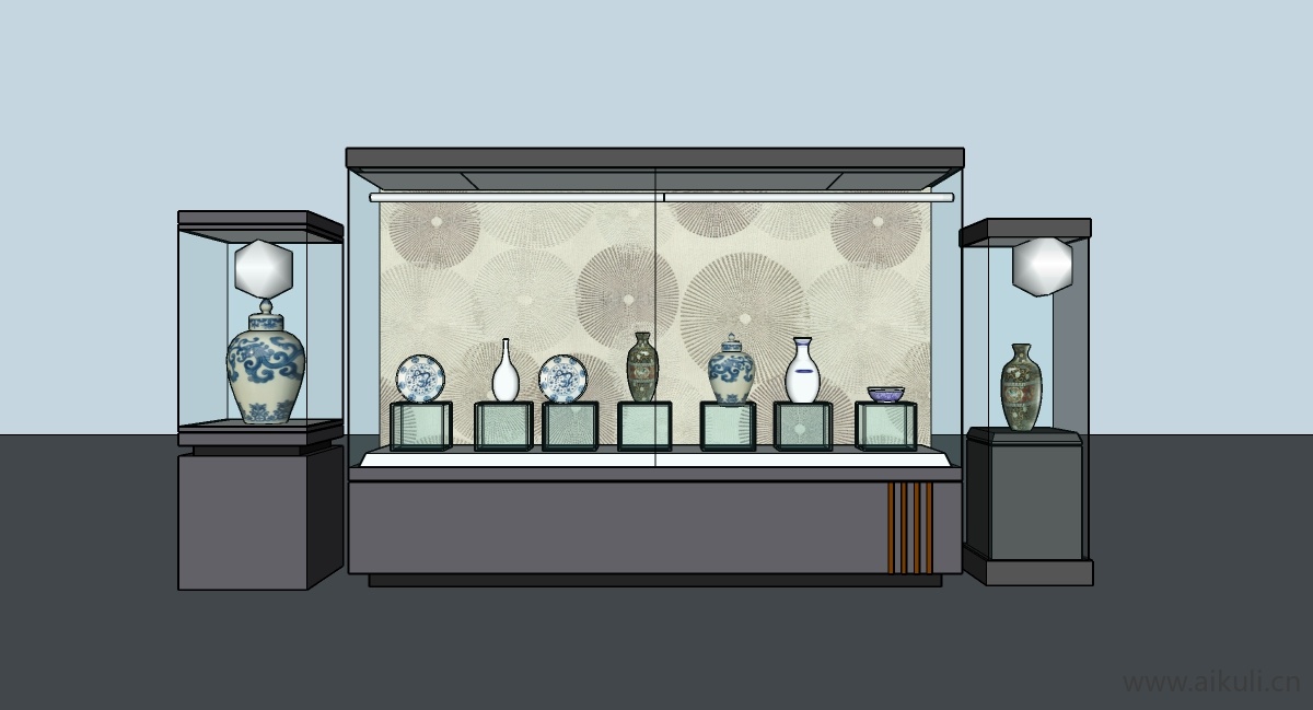 中式博物馆展览馆展厅玻璃陈列展示柜展台SU模型I