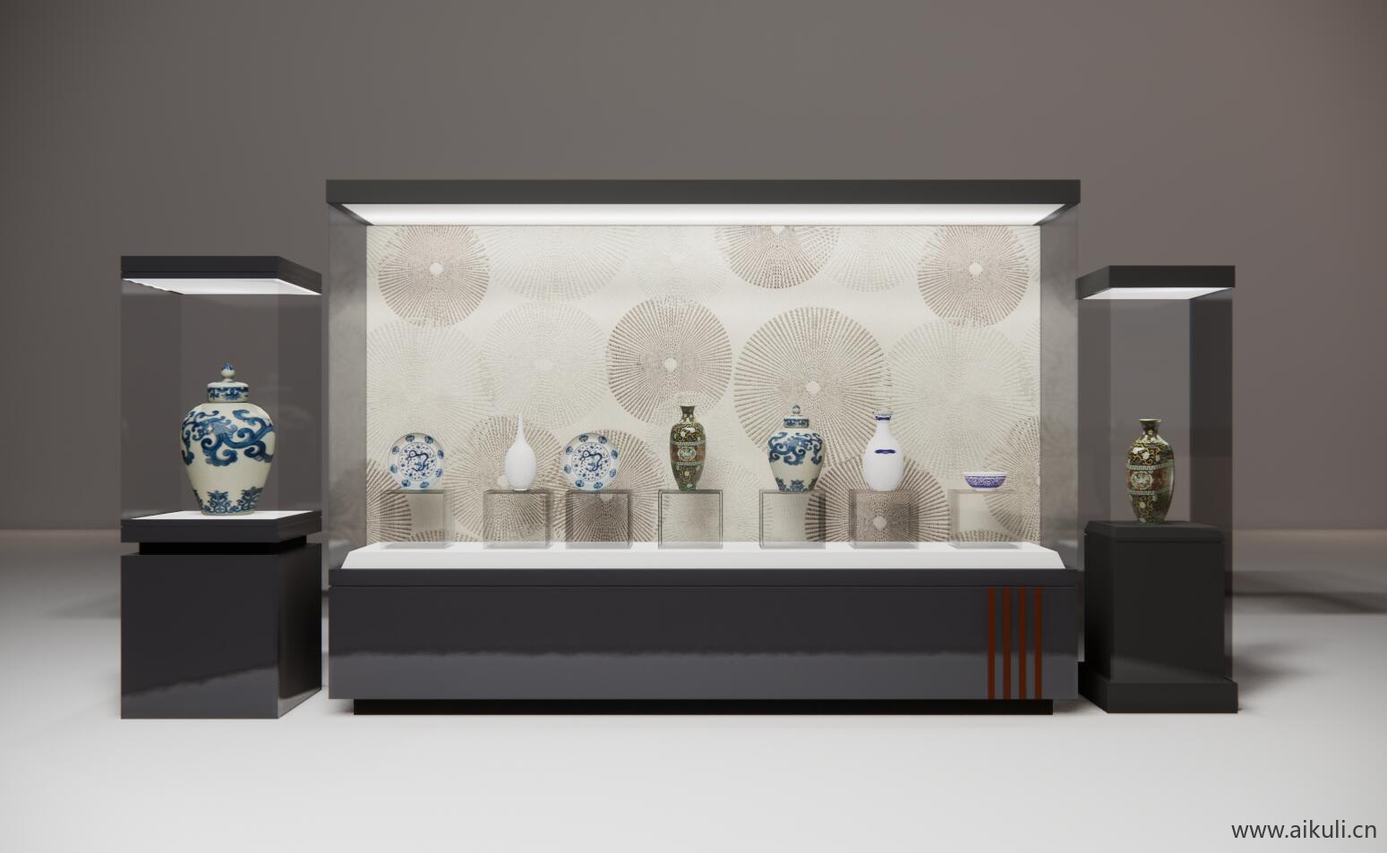 中式博物馆展览馆展厅玻璃陈列展示柜展台SU模型I