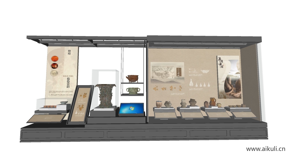 中式博物馆展览馆展厅玻璃陈列展示柜展台SU模型D