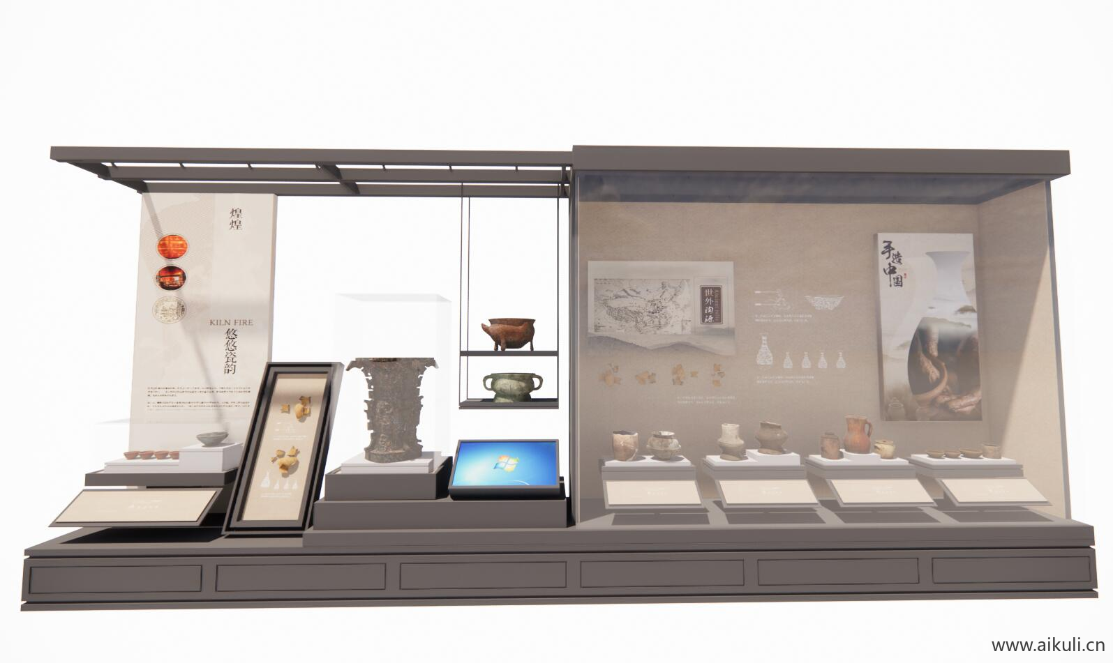 中式博物馆展览馆展厅玻璃陈列展示柜展台SU模型D
