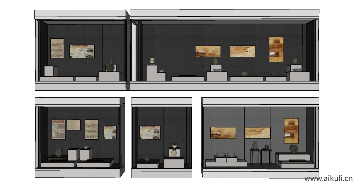 中式博物馆展览馆展厅玻璃陈列展示柜展台SU模型F