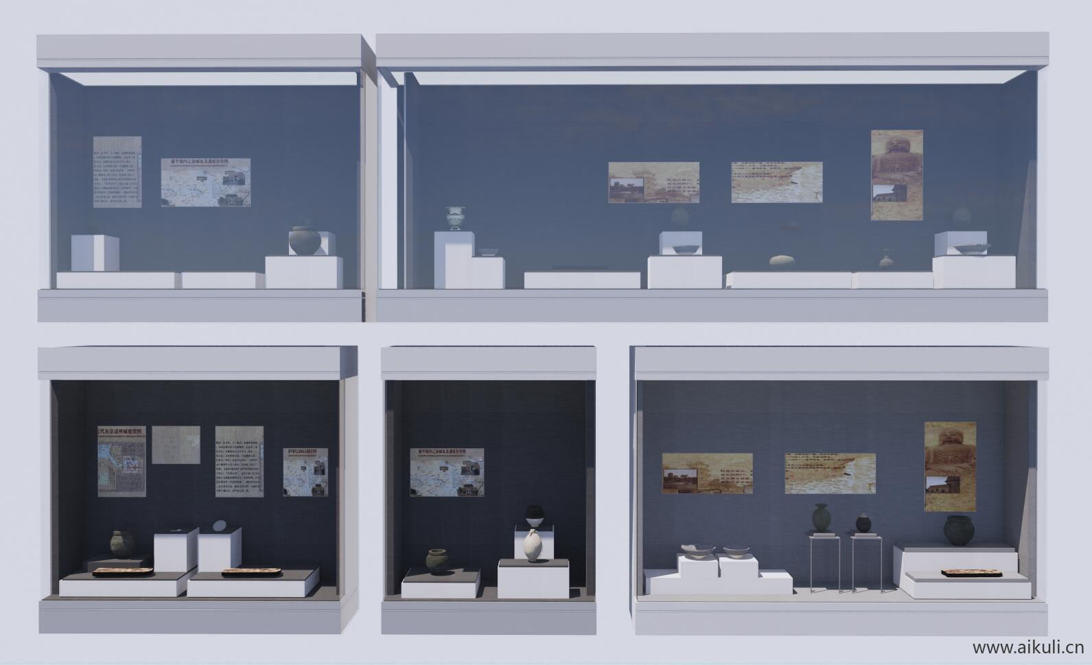 中式博物馆展览馆展厅玻璃陈列展示柜展台SU模型F