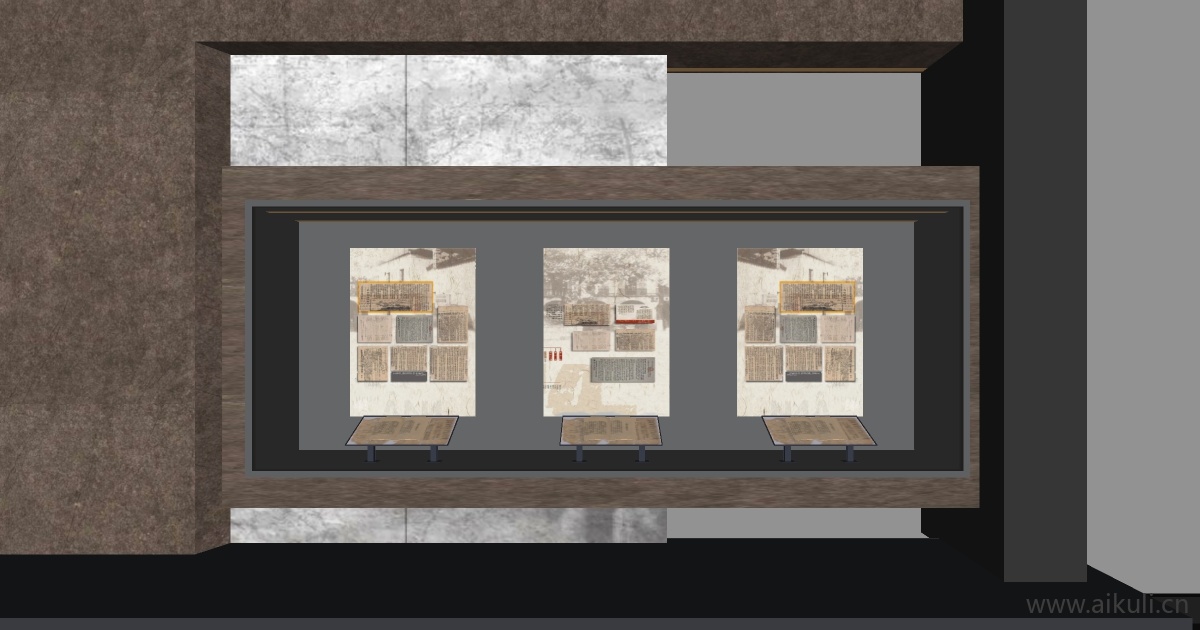 中式博物馆展览馆展厅玻璃陈列展示柜展台SU模型E