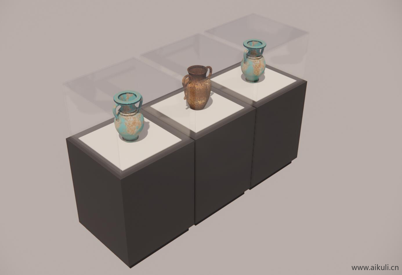 中式博物馆展览馆展厅玻璃陈列展示柜展台SU模型Q