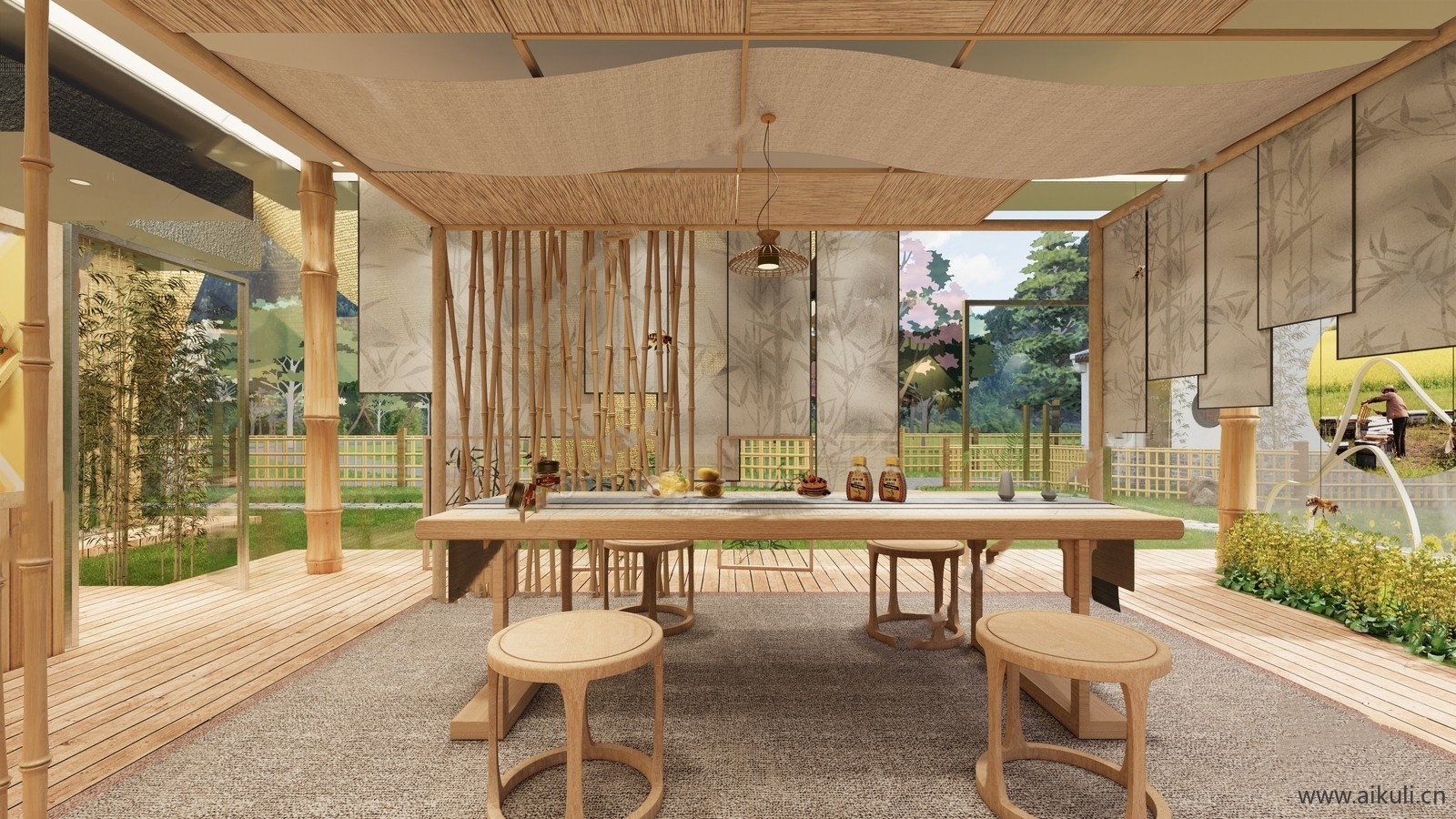 新中式非遗竹文化展厅展览馆竹编手工室工作室茶馆草图大师SU模型