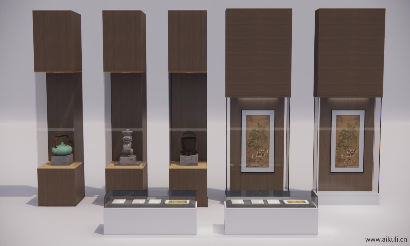 中式博物馆展览馆展厅玻璃陈列展示柜展台SU模型K