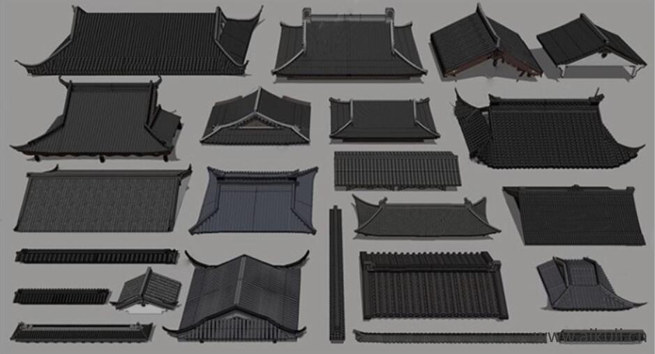 中式屋檐 屋顶 瓦片SU模型W
