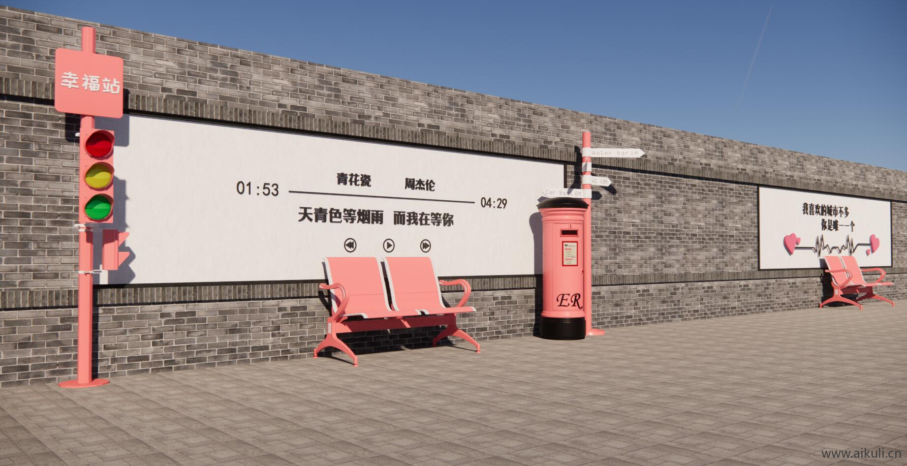 新中式美陈标语景墙 网红打卡景墙SU模型