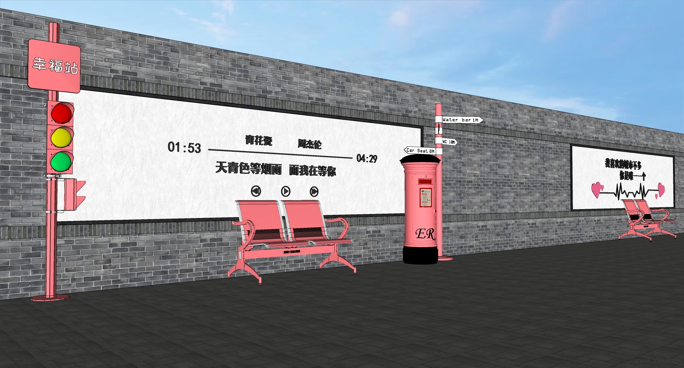 新中式美陈标语景墙 网红打卡景墙SU模型