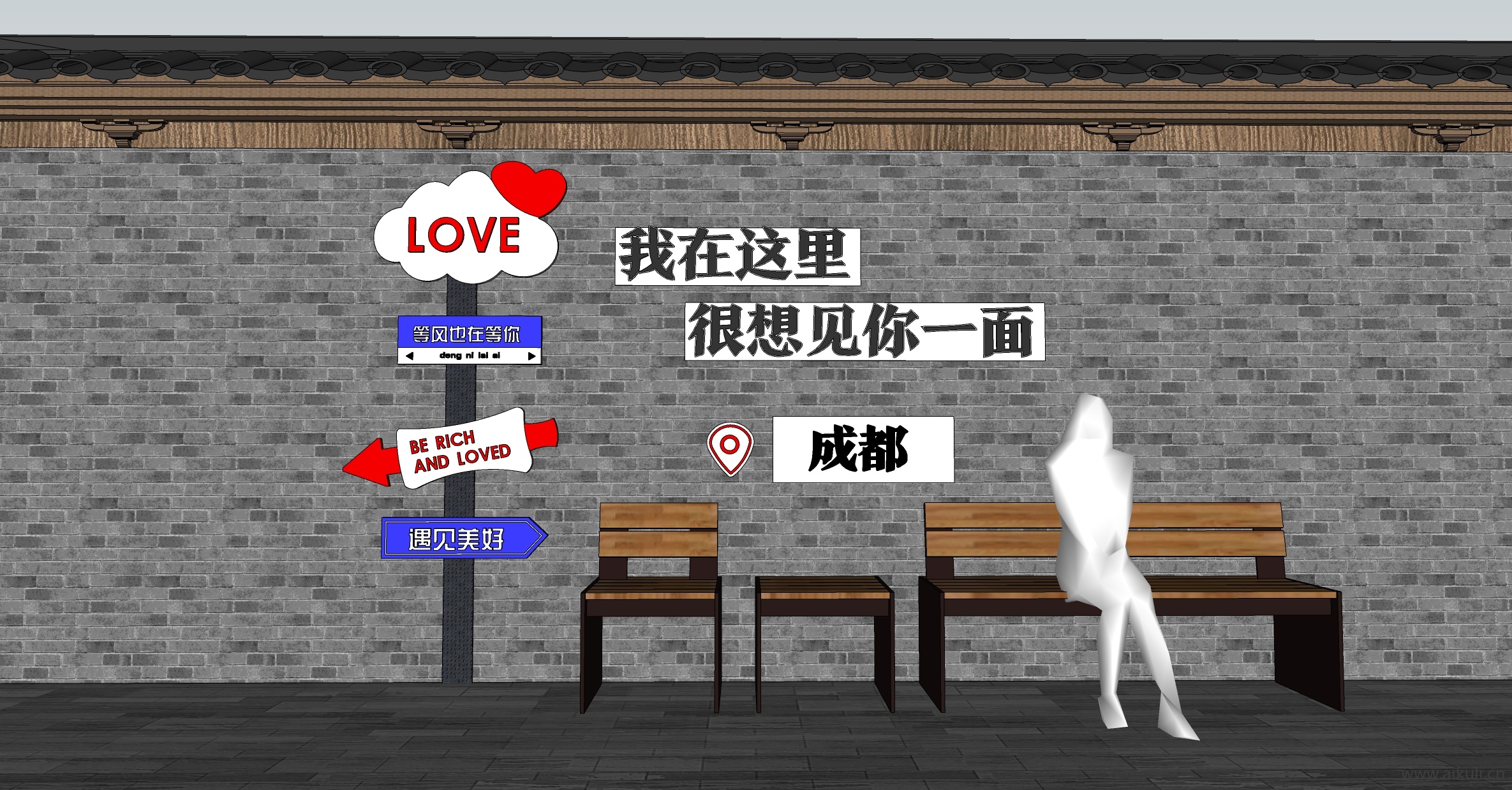 新中式景墙 网红打卡景墙SU模型N