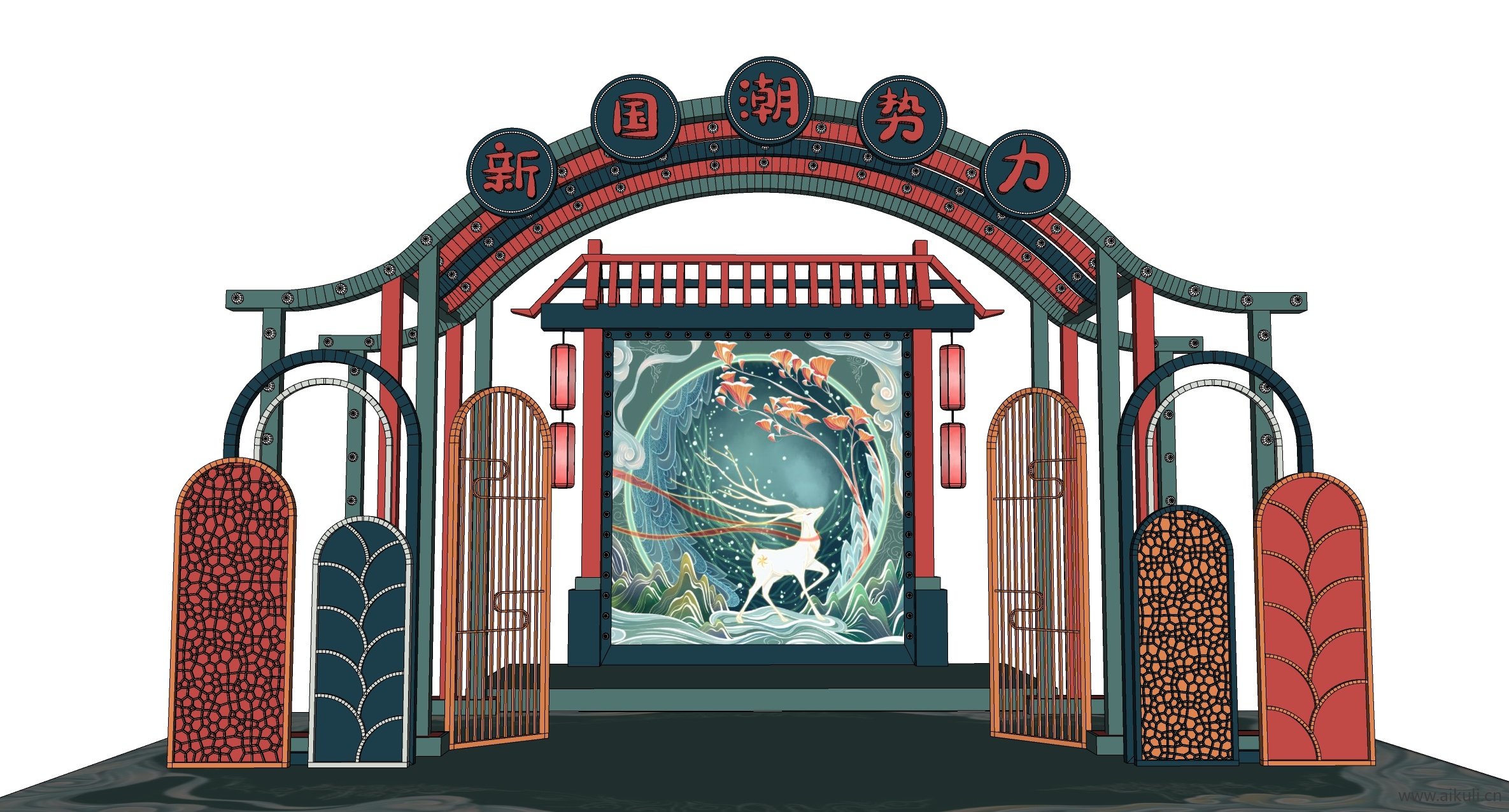 中式门头背景板国潮美陈小品艺术装置装饰SU模型