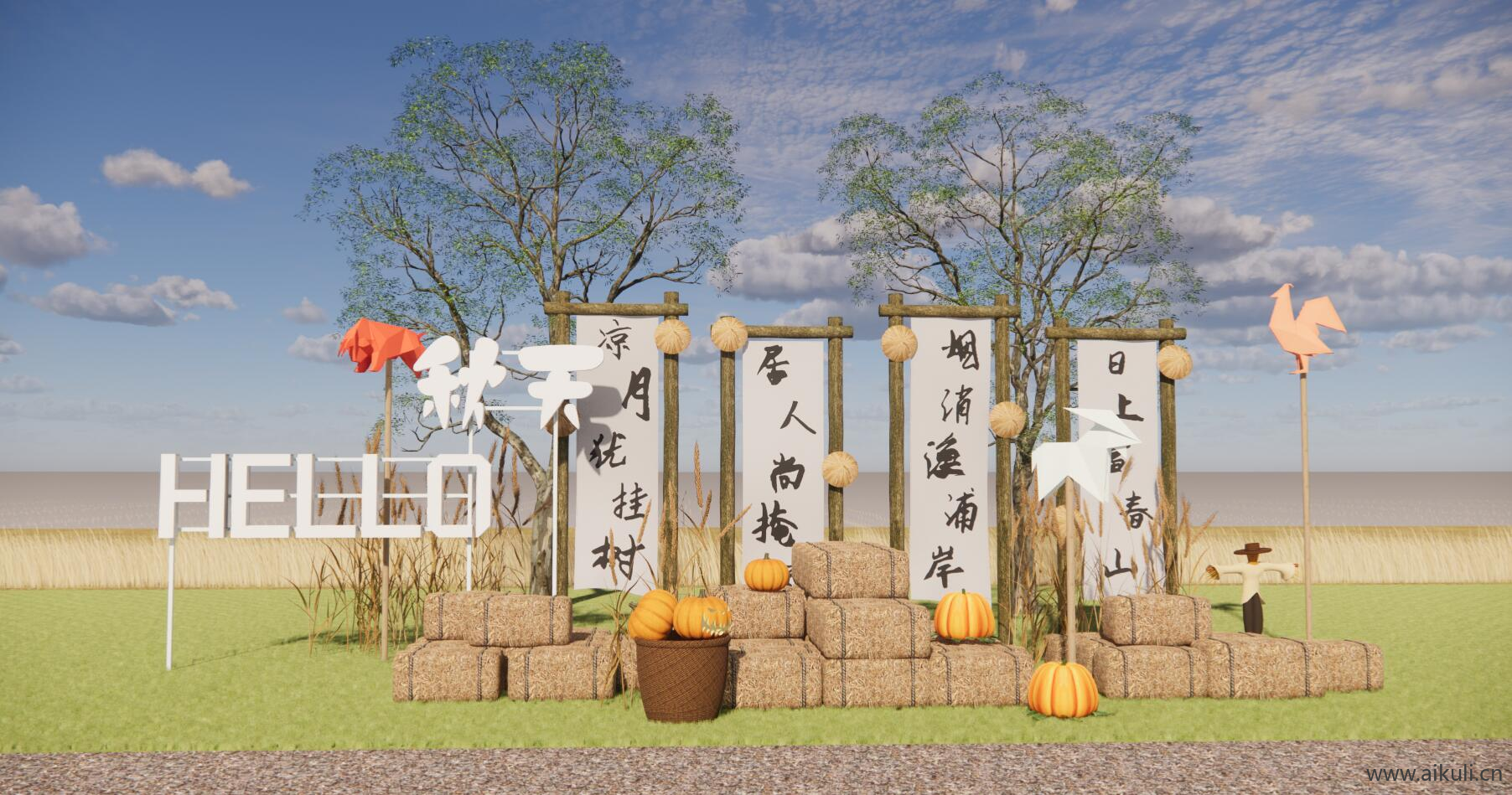 景观乡村草垛美陈 乡村小品 稻田 乡村摆件 SU模型