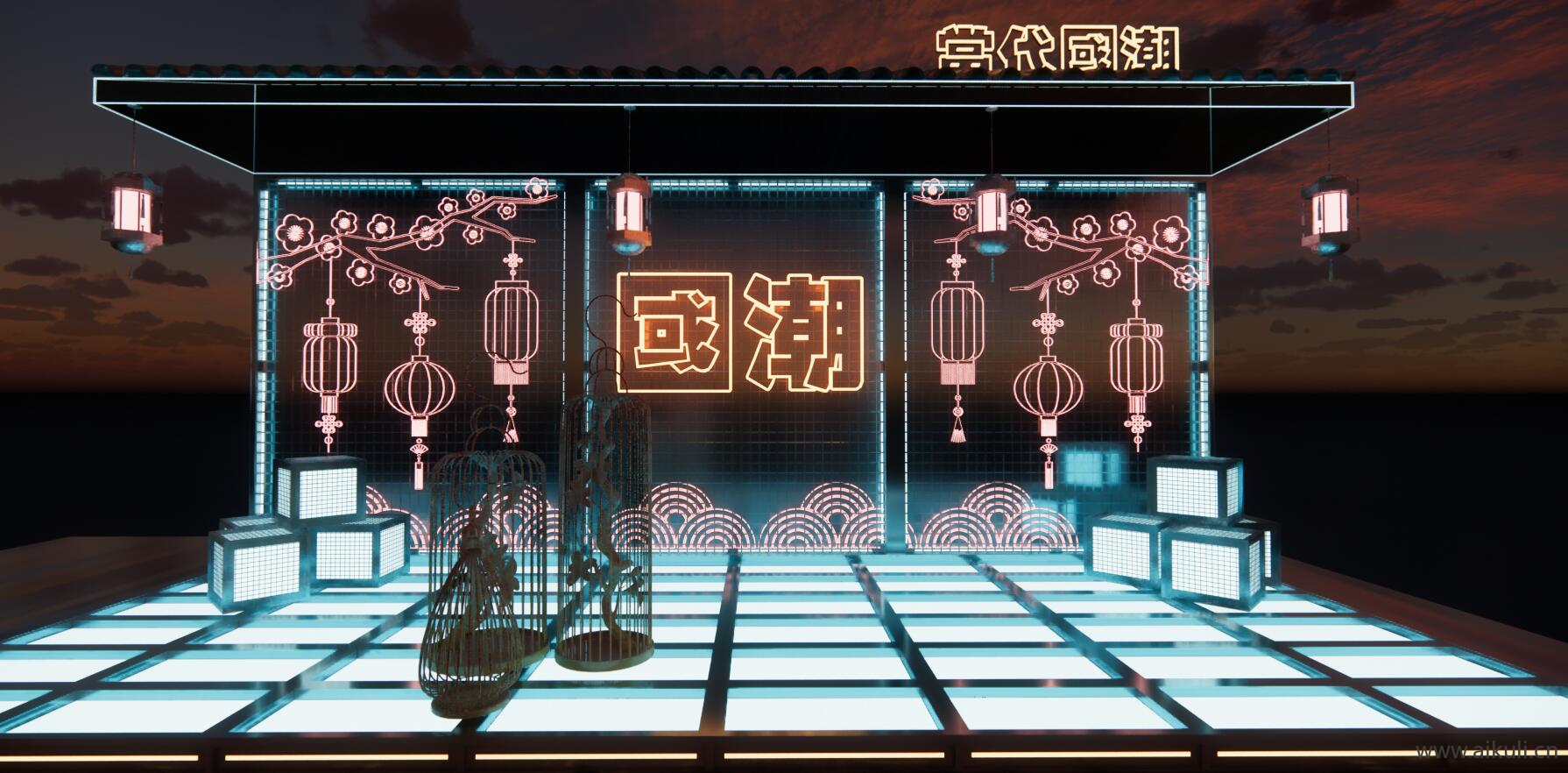 现代国潮美陈舞台 活动小品装饰SU模型