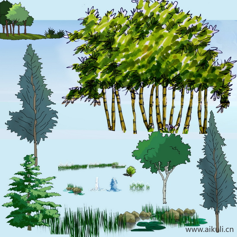 手绘立面景观筑景植物S-PSD免扣