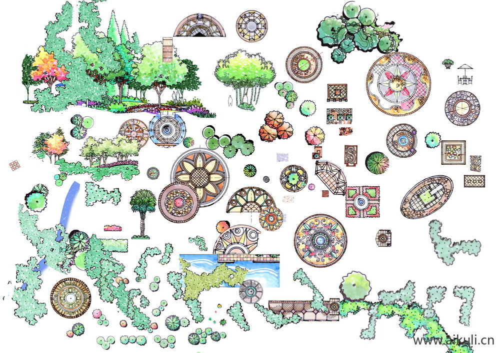 手绘平面景观筑景植物D-PSD免扣