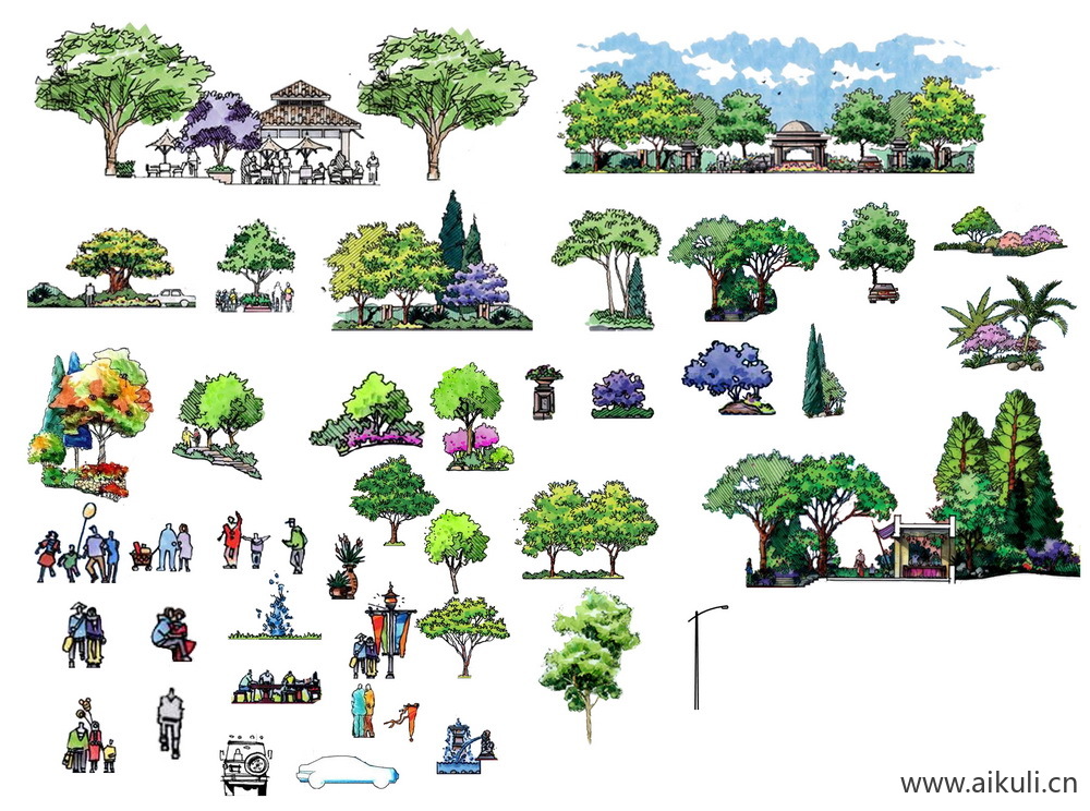 手绘立面景观筑景植物D-PSD免扣