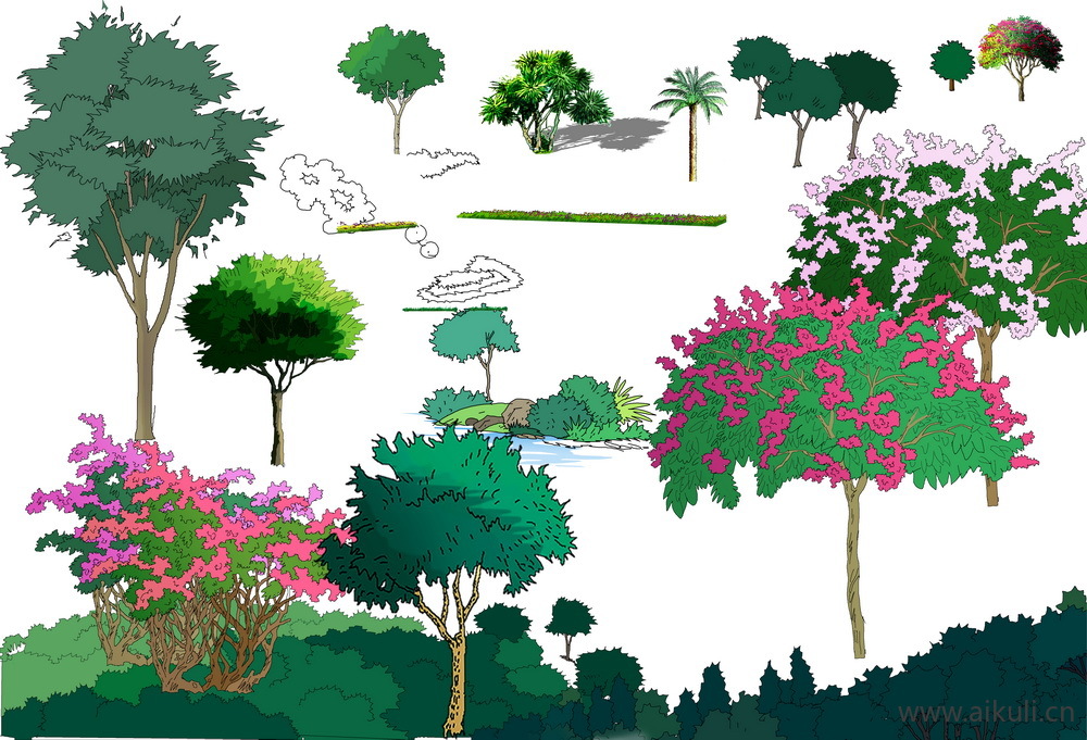 手绘立面景观筑景植物I-PSD免扣