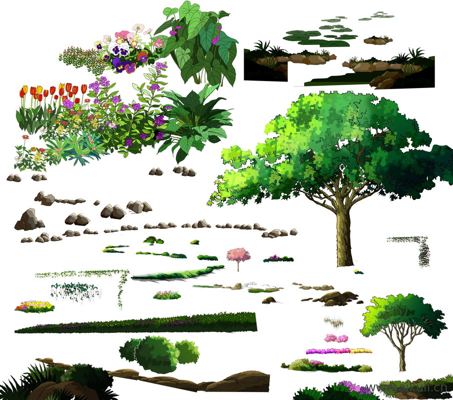 手绘立面景观筑景植物L-PSD免扣