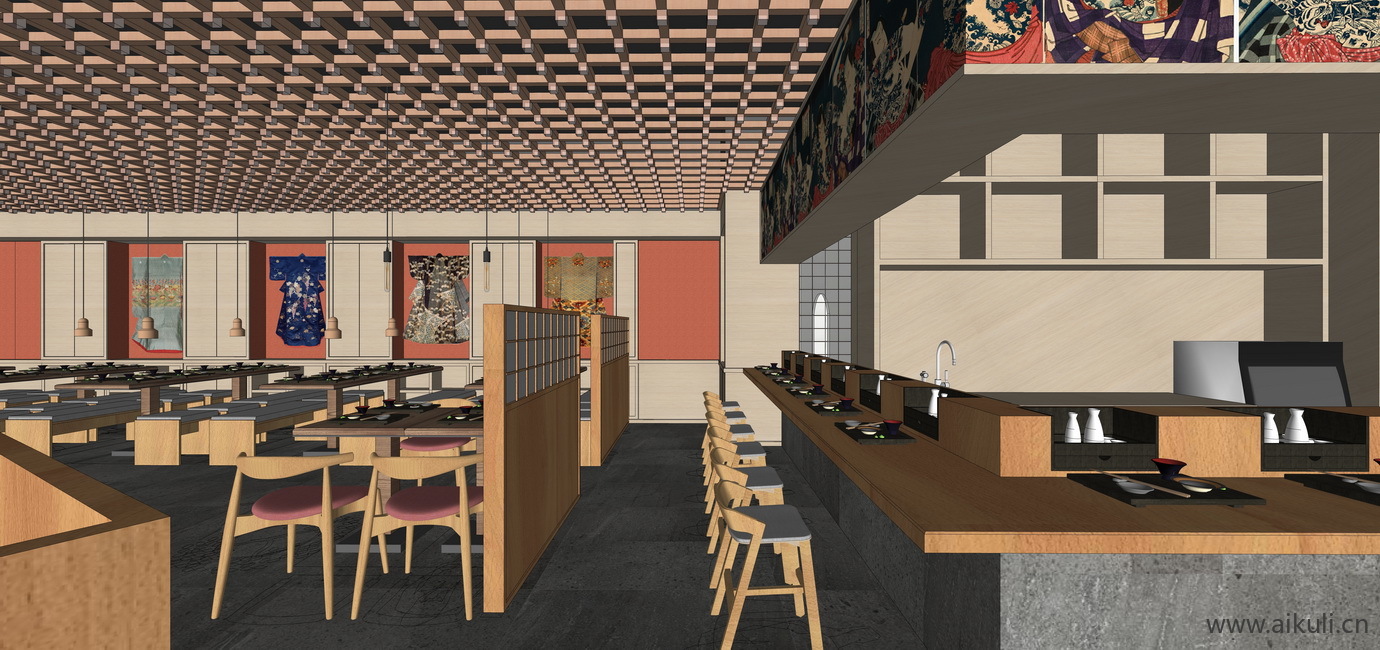 现代简约餐饮餐厅美食城SU模型