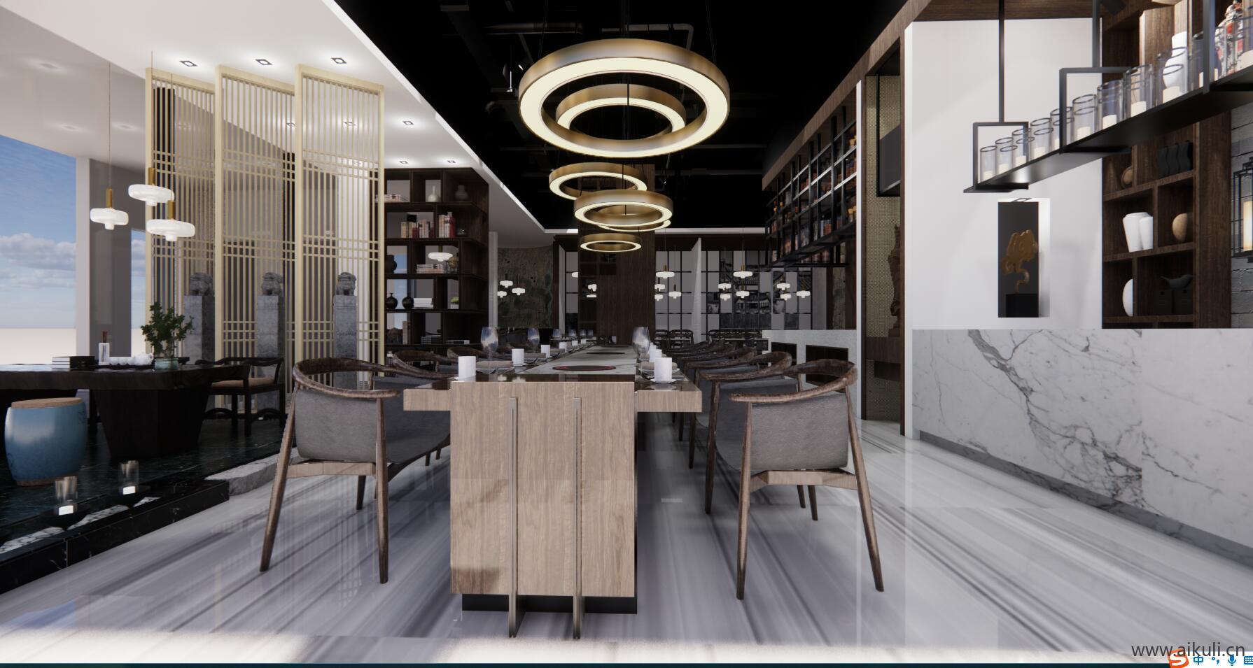 新中式 火锅店 餐厅SU模型