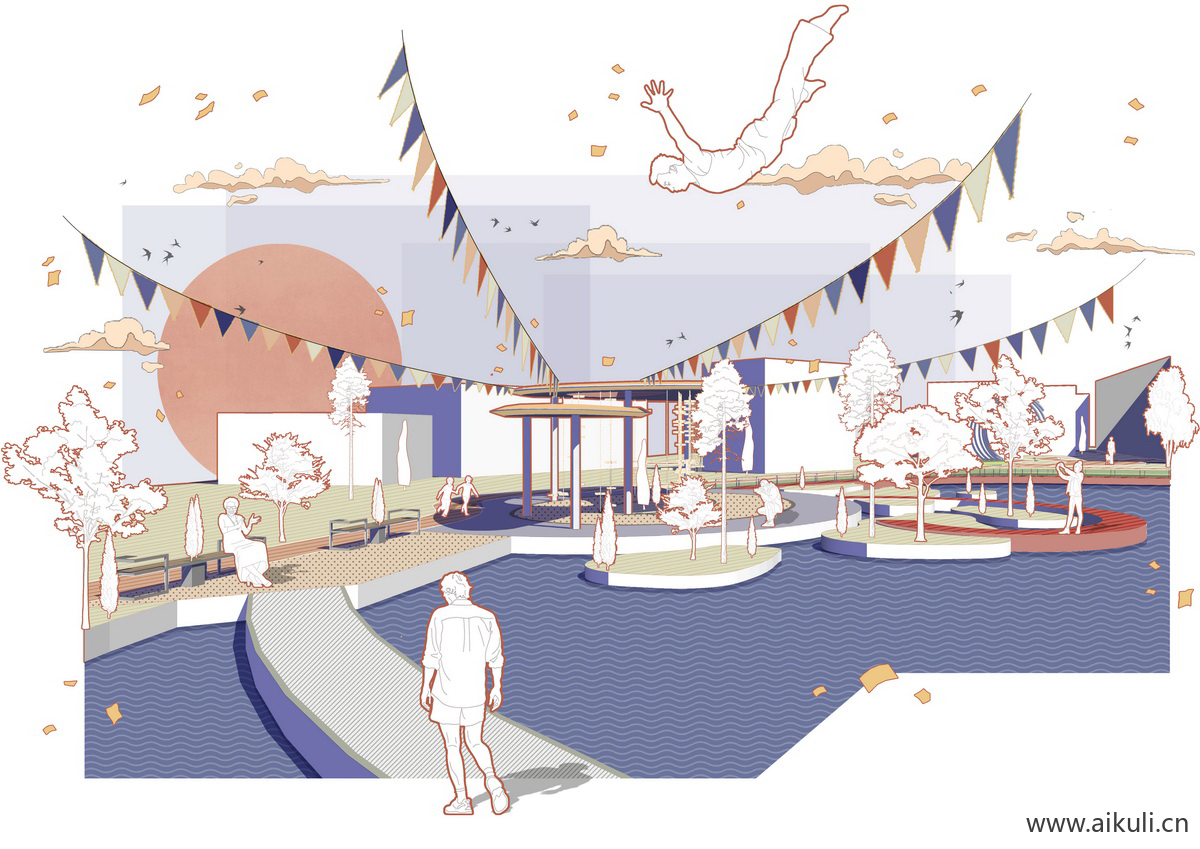插画风拼贴风 风景观建筑公园彩平psd