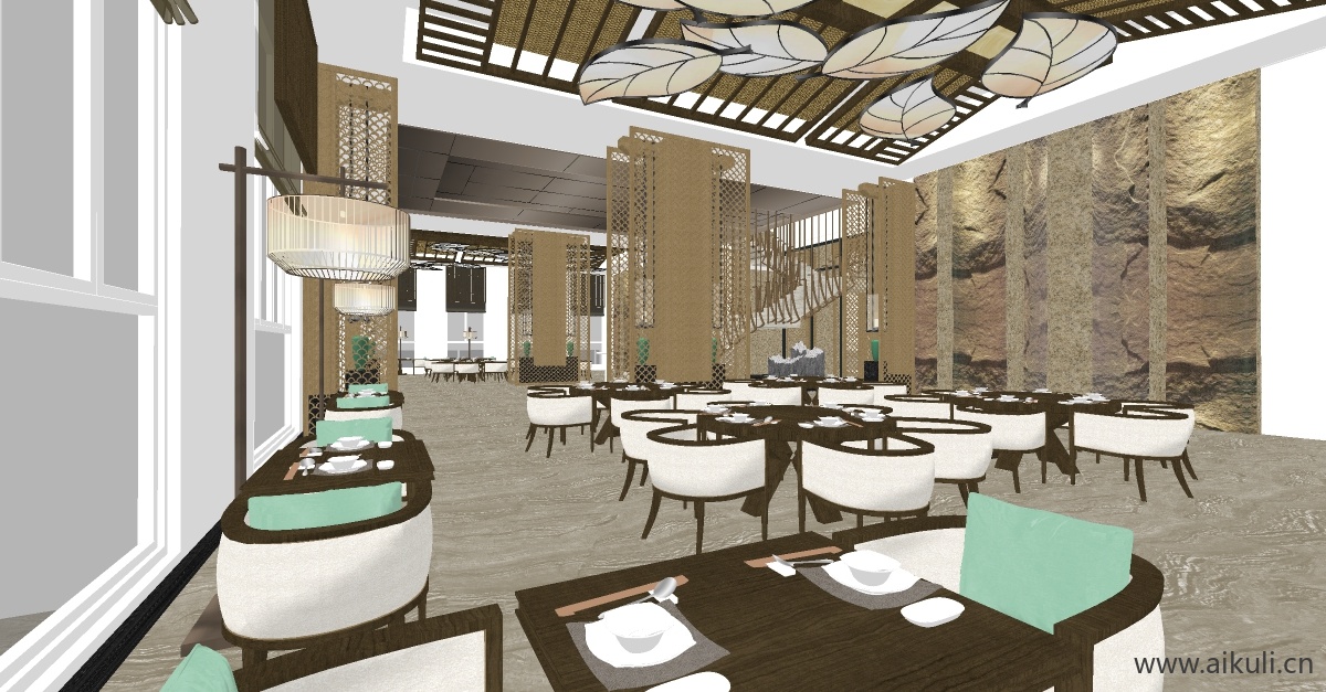 新中式高档餐厅SU模型