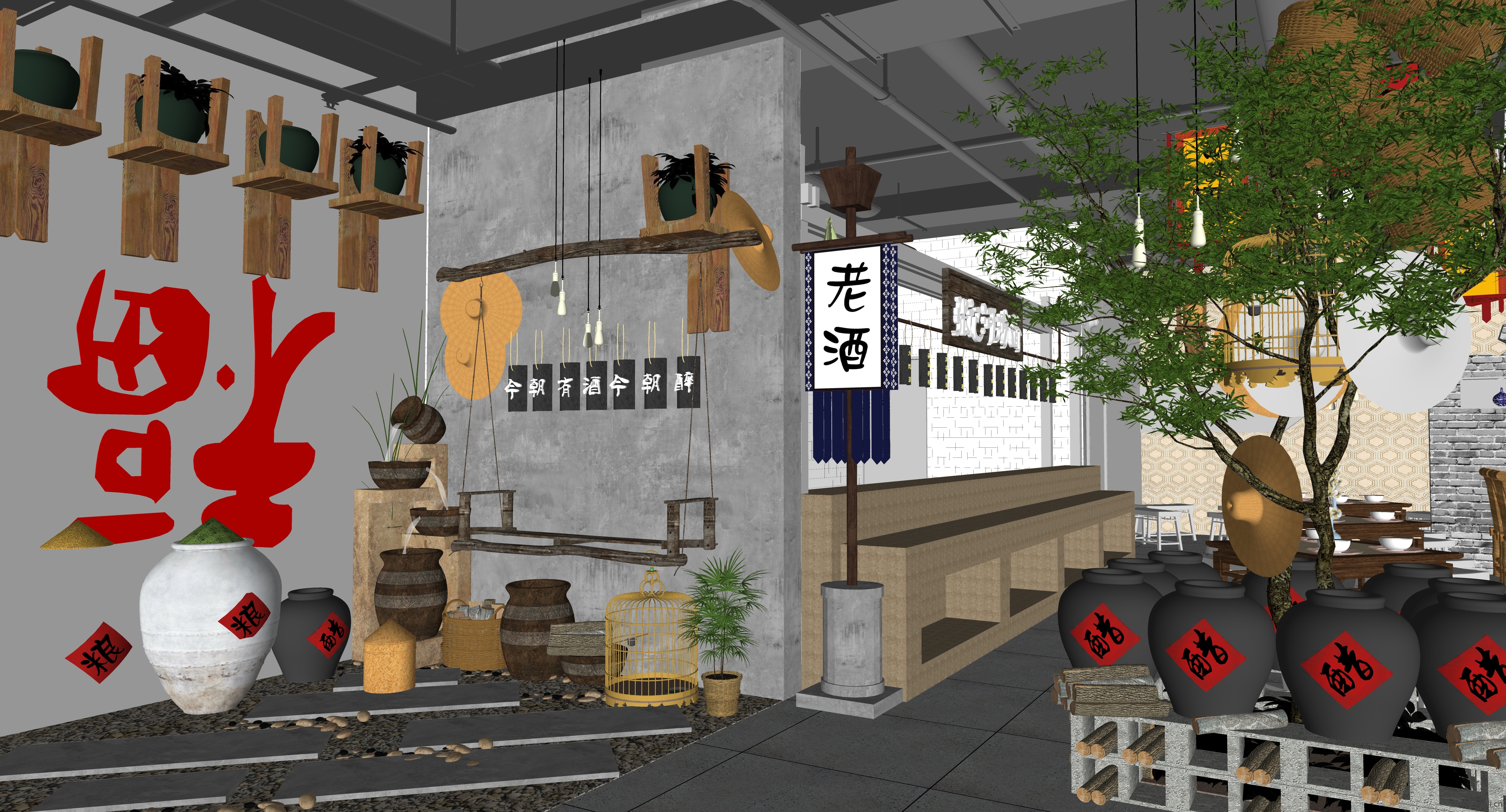 新中式老酒馆餐厅SU模型