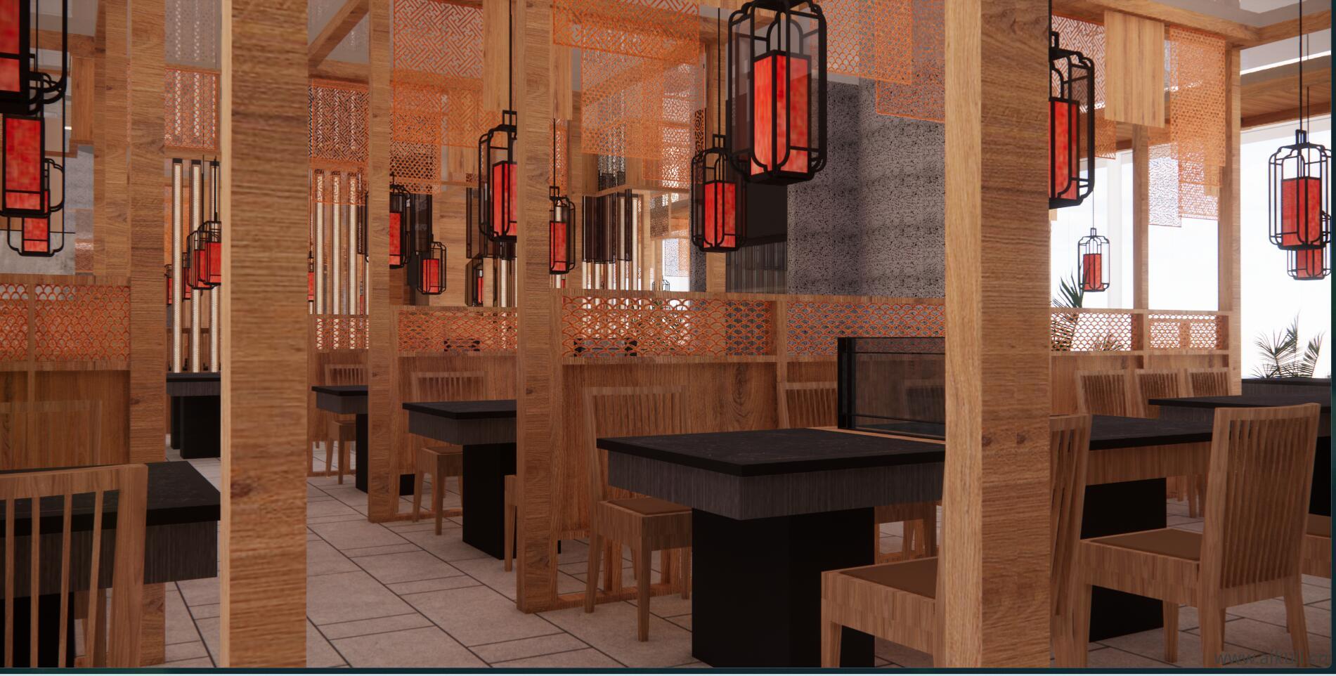 商铺美食城 新中式餐厅SU模型