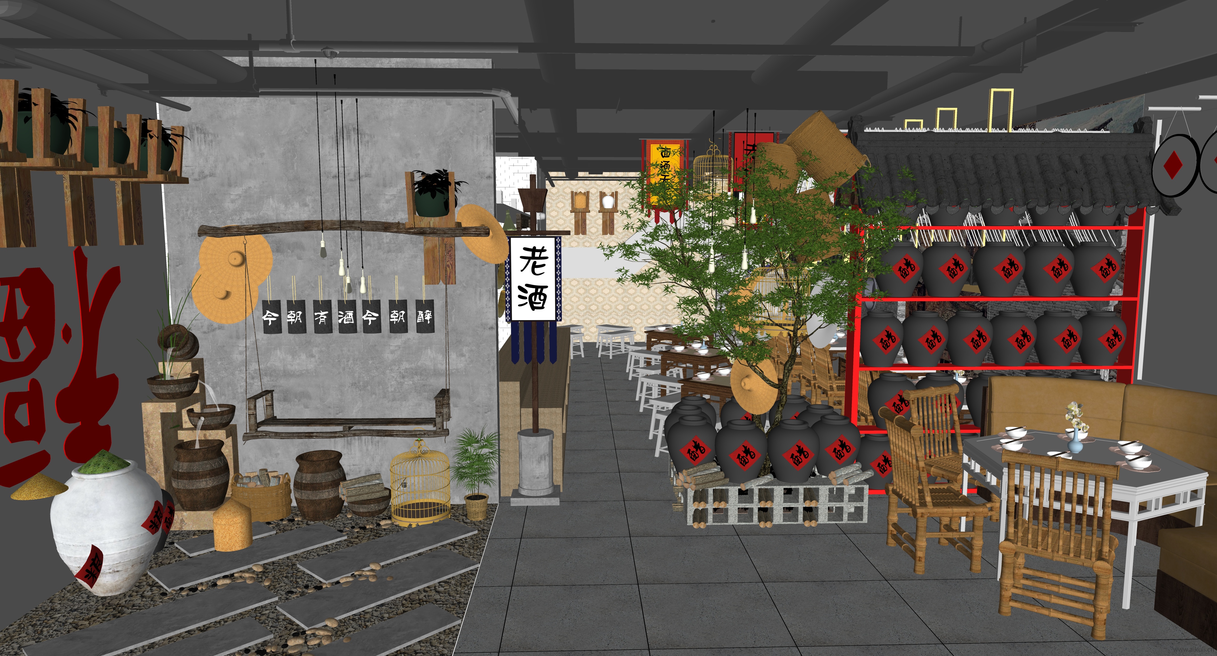 新中式老酒馆餐厅SU模型