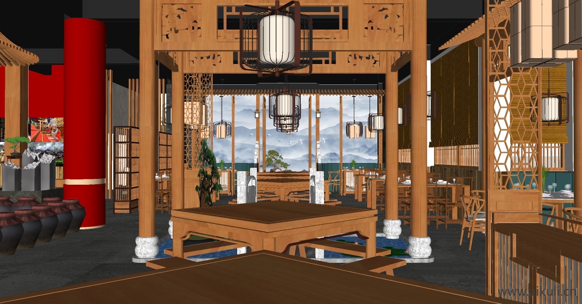 新中式餐厅会客厅包厢 餐饮空间SU