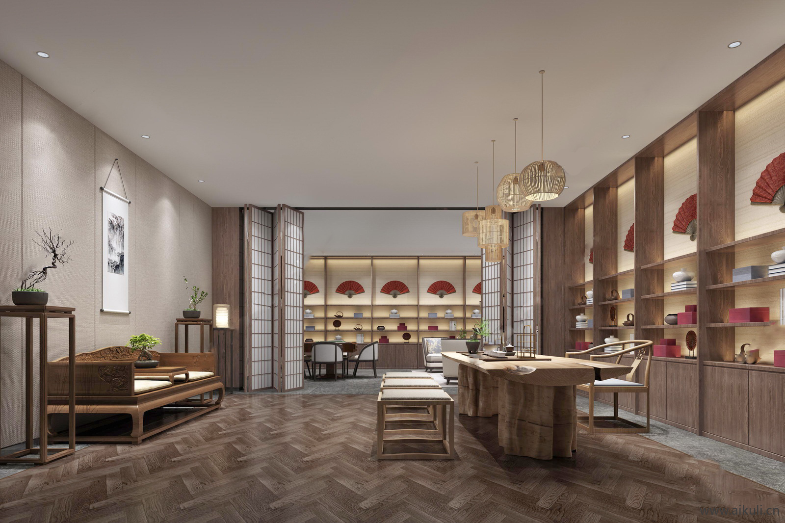 新中式茶叶店茶展厅茶叶展示柜茶叶店铺茶室茶叶专卖店茶叶SU模型