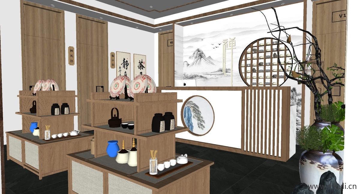 新中式茶室 茶礼品专卖店 茶具茶柜 茶叶专卖店茶具茶叶饰品摆件礼品包装H-SU模型